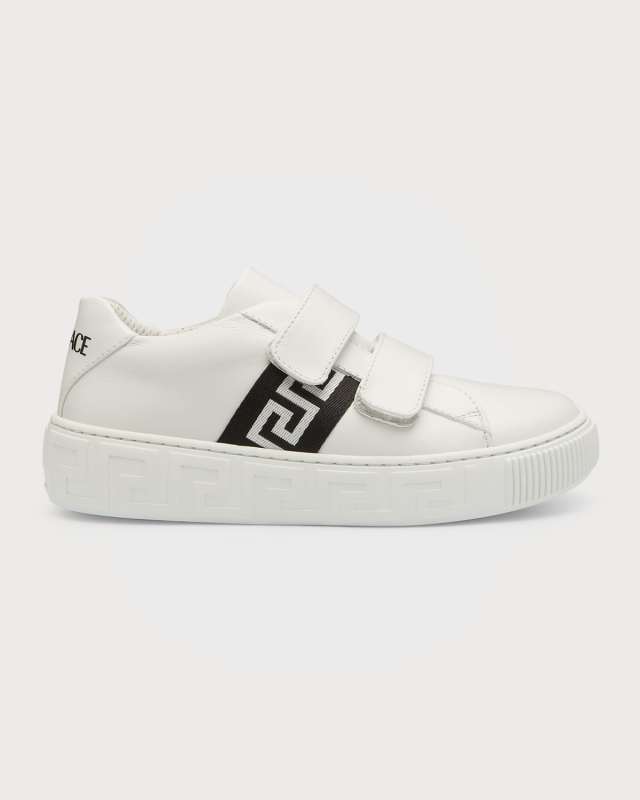 Kid's Greca Leather Grip-Strap Sneakers, Kids